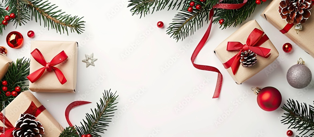 Aufkleber top view of a festive christmas background featuring tree branches decorations gift boxes with ribbo