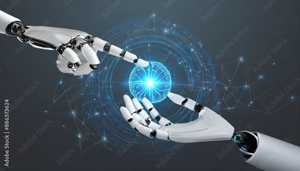 Poster ai, machine learning, hands of robot and human touching on big data network connection background, s
