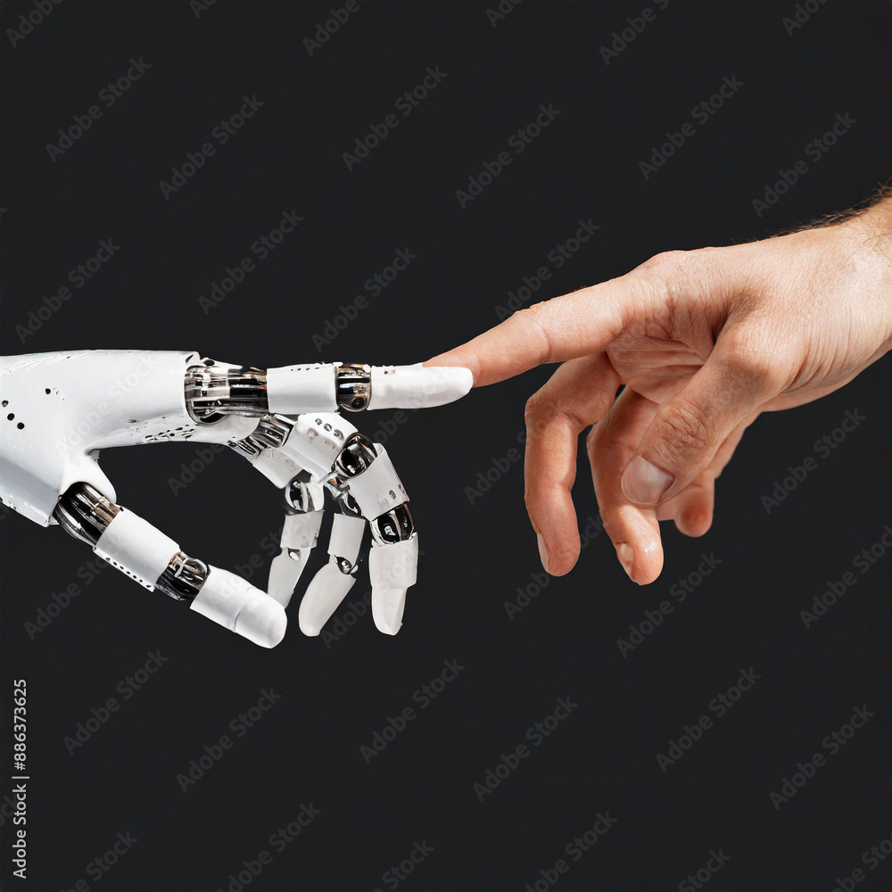 Poster ai, machine learning, hands of robot and human touching on big data network connection background, s