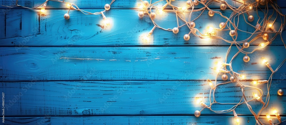 Poster Top view of Christmas garland lights on a blue wooden background with room for text in a copy space image