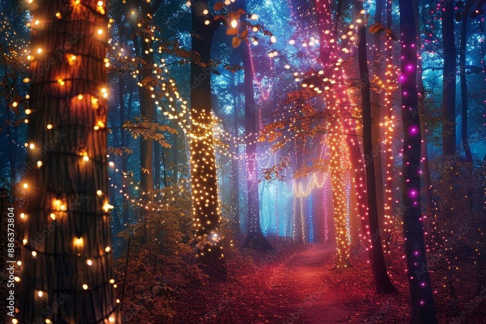 Poster vibrant fairy lights illuminate the dark forest, creating a magical and mystical atmosphere, design 
