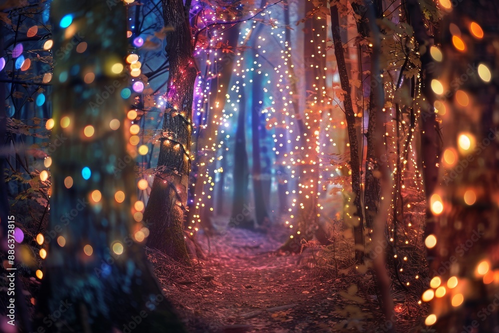 Poster a winding path through a vibrant forest illuminated by colorful lights, creating a whimsical atmosph