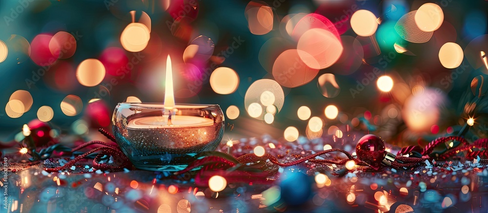 Leinwandbilder a festive christmas background with a floating candle colorful garland and bokeh effect creating a p