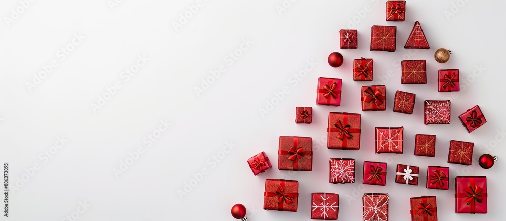 Poster a flat lay arrangement of gift boxes in a christmas tree formation on a white backdrop provides ampl