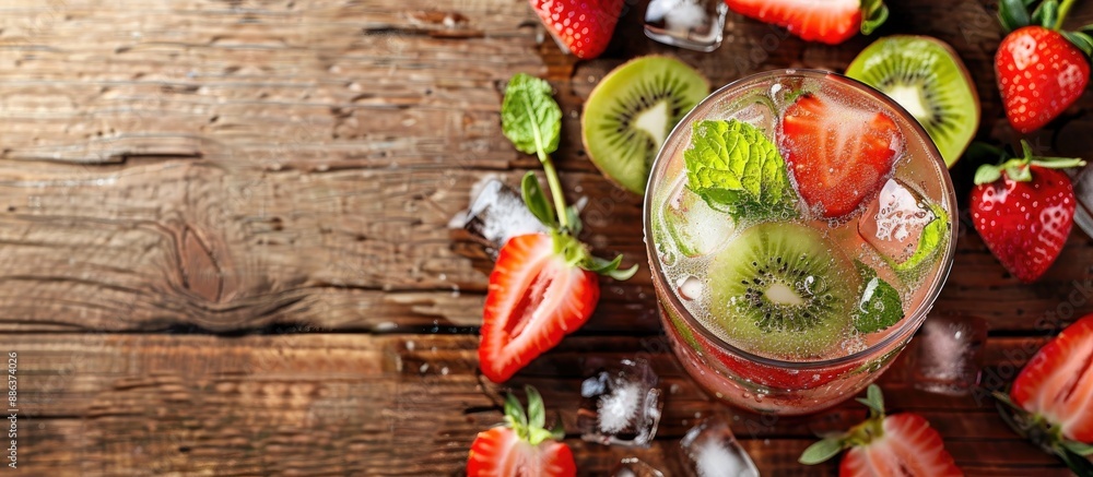Aufkleber An overhead view of a refreshing strawberry and kiwi mojito in a glass on a wooden table with ample space for additional images