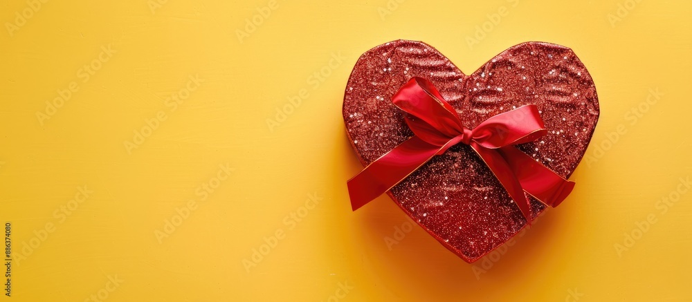 Poster heart shaped red gift box adorned with a sparkling ribbon on a yellow backdrop perfect for a copy sp