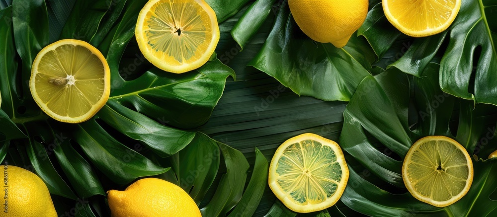 Aufkleber Lemons arranged attractively on monstera leaves create a charming display with copy space image