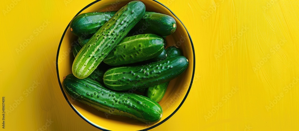 Poster a plethora of ripe green cucumbers neatly arranged in a yellow bowl for a top view close up shot per