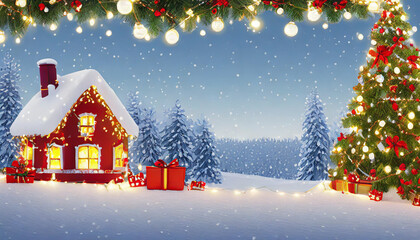 Christmas city street winter blurred background. Xmas tree with snow decorated with garland lights, holiday festive background. Widescreen backdrop. New year Winter