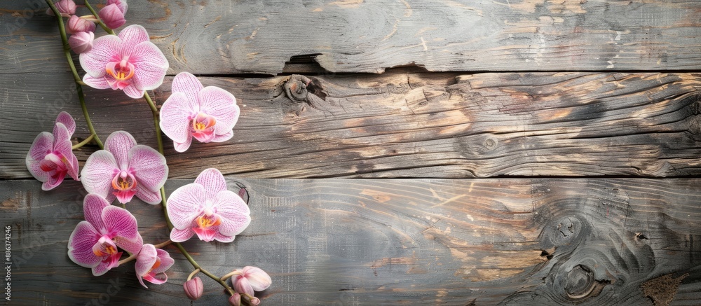 Poster pink orchid flowers displayed against a rustic aged wooden backdrop with copy space image