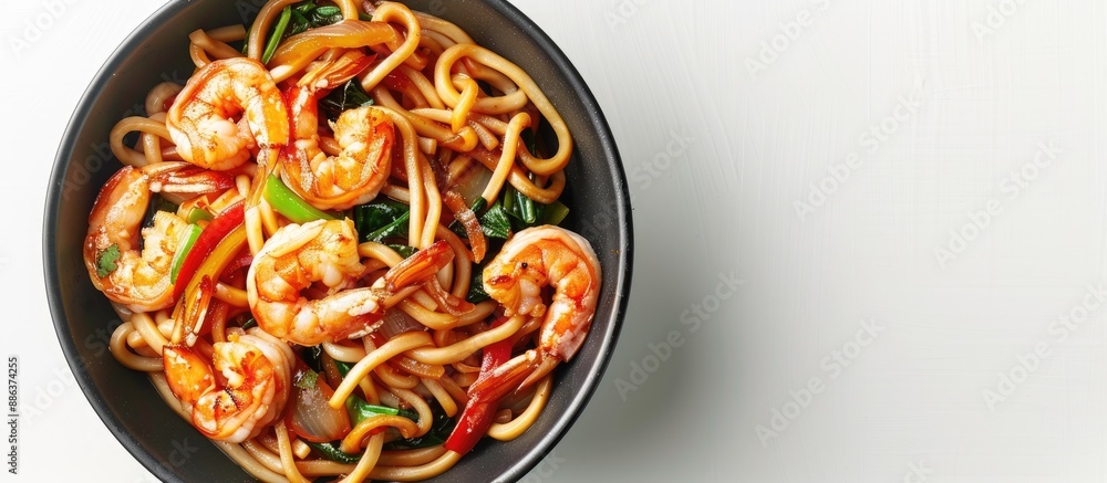 Poster Seafood and vegetable Udon noodles stir fried captured from above on a white background allowing for ample copy space image