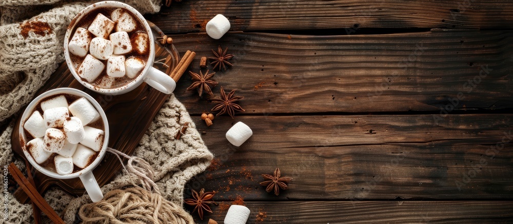 Poster A rustic wooden table holds two coffee cups with milk marshmallows and cinnamon from a top view The image features copy space and a toned ambiance
