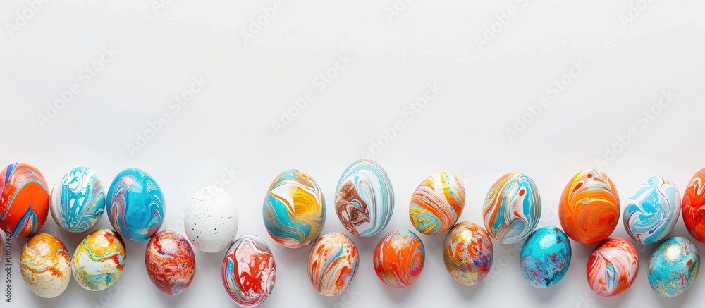Aufkleber Minimalistic flat lay of marbled painted eggs on a white background with copy space image