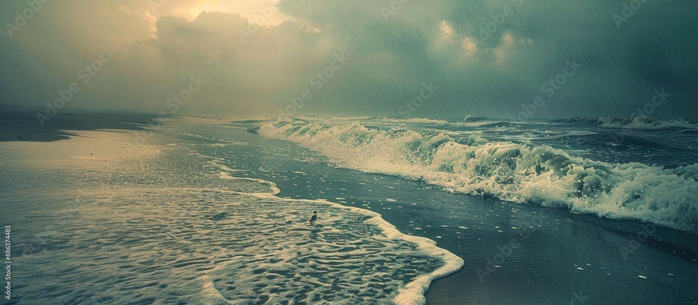 Poster the beach and sea appear dreamy and nostalgic in the twilight or evening evoking a vintage and fanta