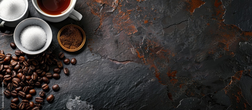 Poster Top view of a dark stone table with a coffee cup sugar and roasted beans providing ample copy space in a flat lay image