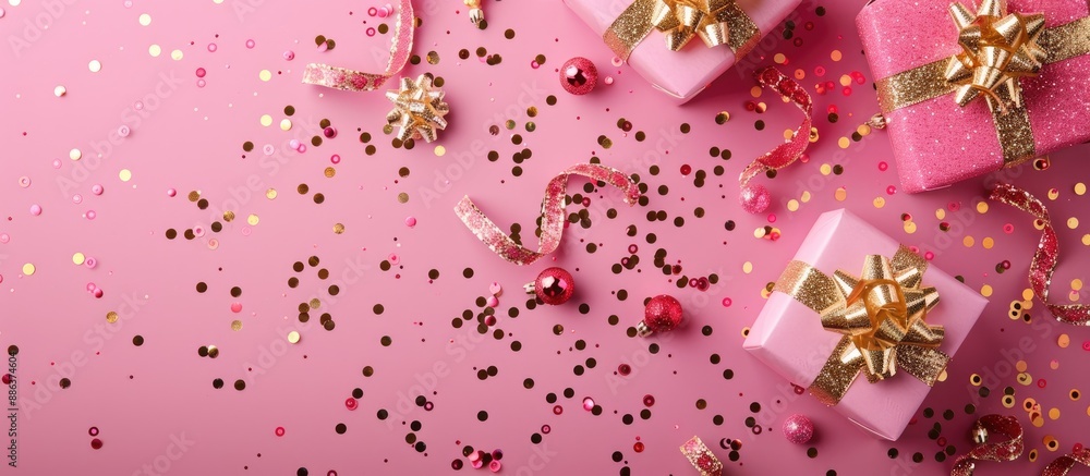 Aufkleber a stylish pink background with gold sequins showcasing gift boxes ideal for christmas or new year co