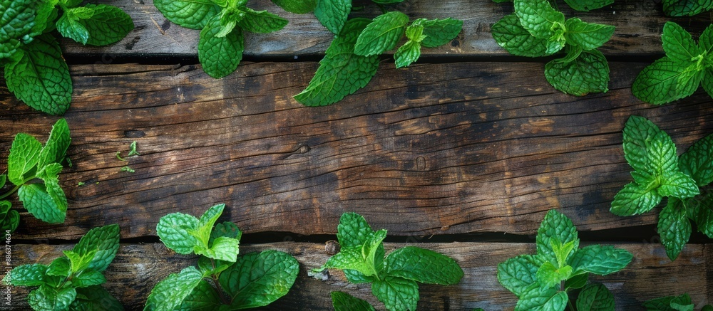 Poster top view of fresh mint leaves on a wooden background with copy space image