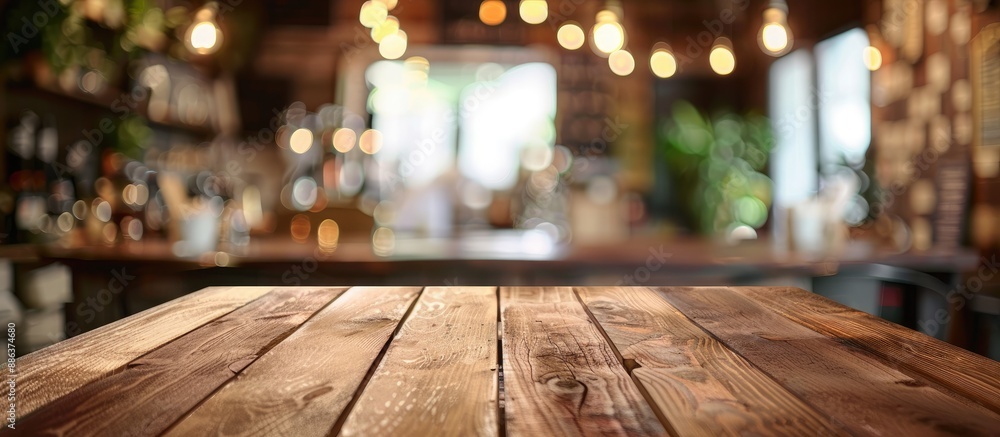 Aufkleber Empty brown wooden table with a blurred coffee shop background perfect for product display or photomontage with copy space image