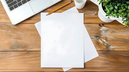 Top view of empty blank white vertical resume paper document mockup template on wooden office