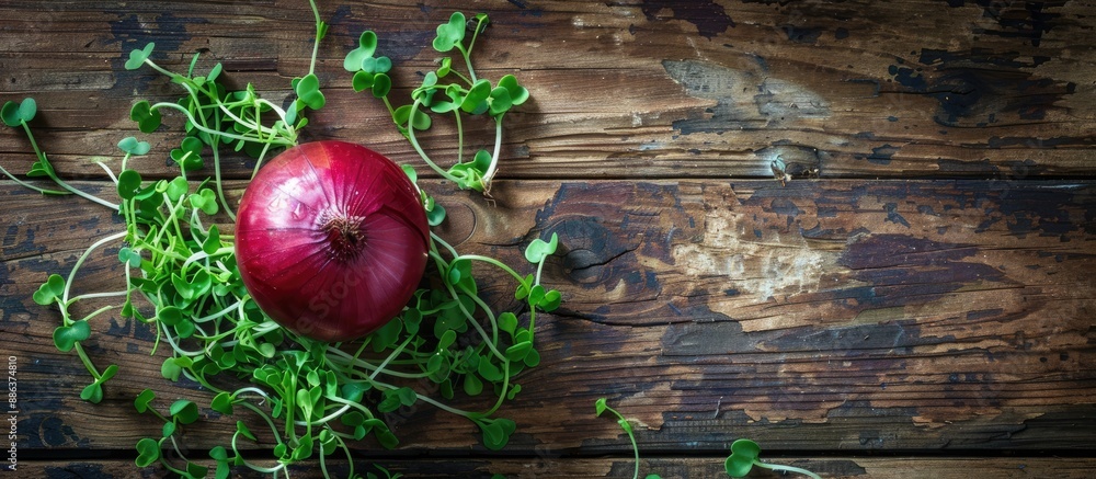 Poster Top view of a red onion surrounded by fresh green sprouts on a wooden background creating a copy space image