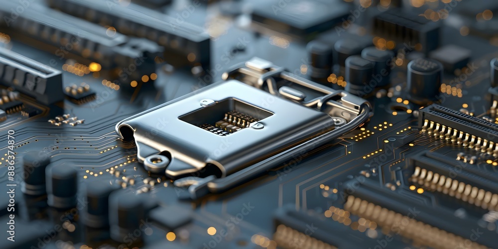 Poster securing connections and safeguarding login credentials with cybersecurity service on a motherboard.