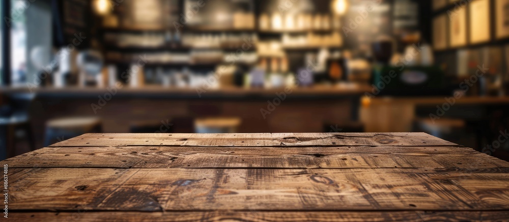 Poster Perfect for showcasing your products this image features a focused empty wooden table with a blurred coffee shop background ideal for using as a copy space image