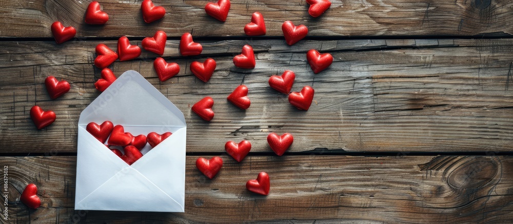 Fototapete A spill of red hearts from a white envelope adding a touch of emotion to the copy space image