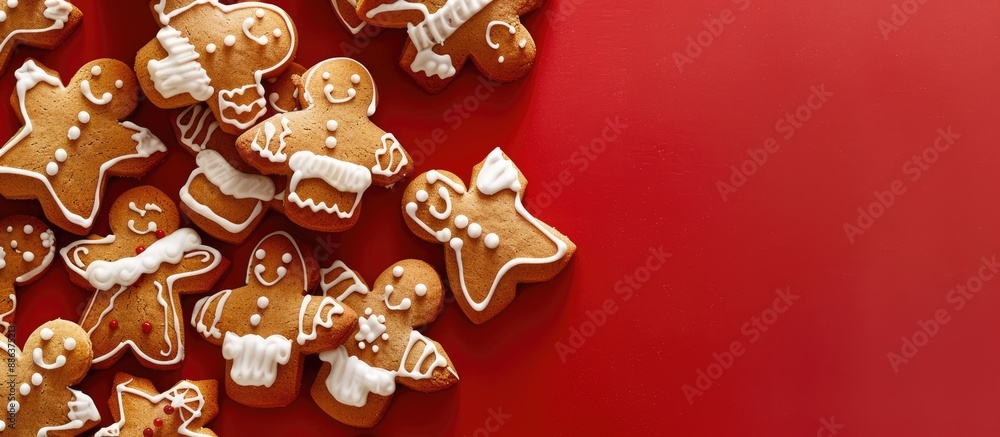 Poster a festive gingerbread cookie with little angels on a red background symbolizing the christmas spirit