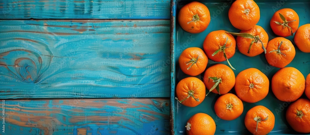 Poster top down view of a tray full of ripe tangerines positioned on a blue wooden surface allowing for the