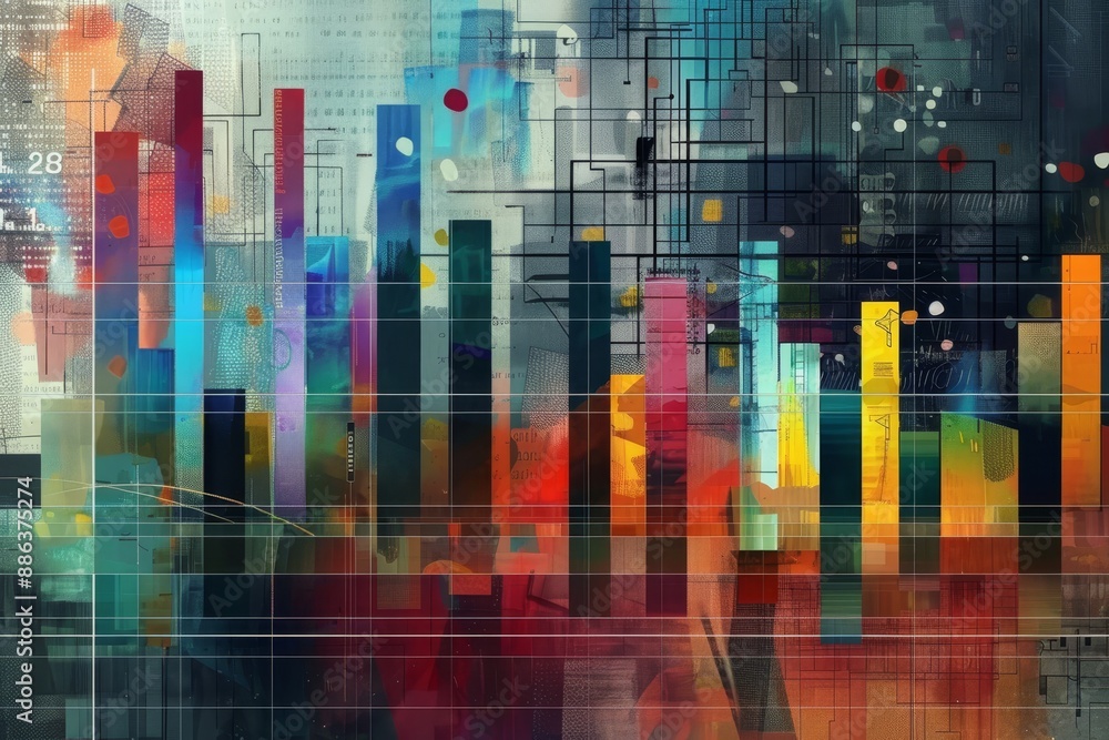 Poster a vibrant abstract painting featuring a cityscape with colorful lines and shapes, design an abstract