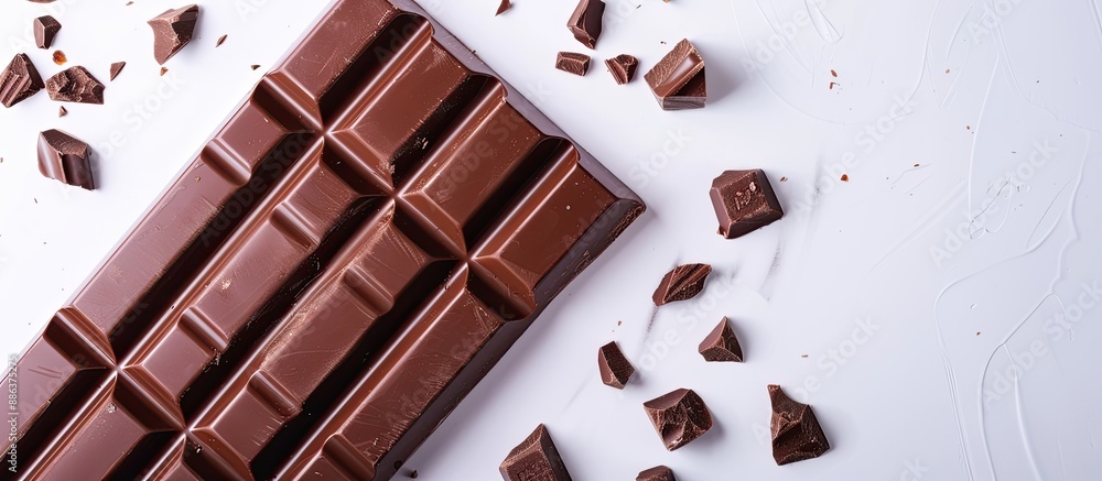 Poster top view of a delicious chocolate bar on a white background with copy space image