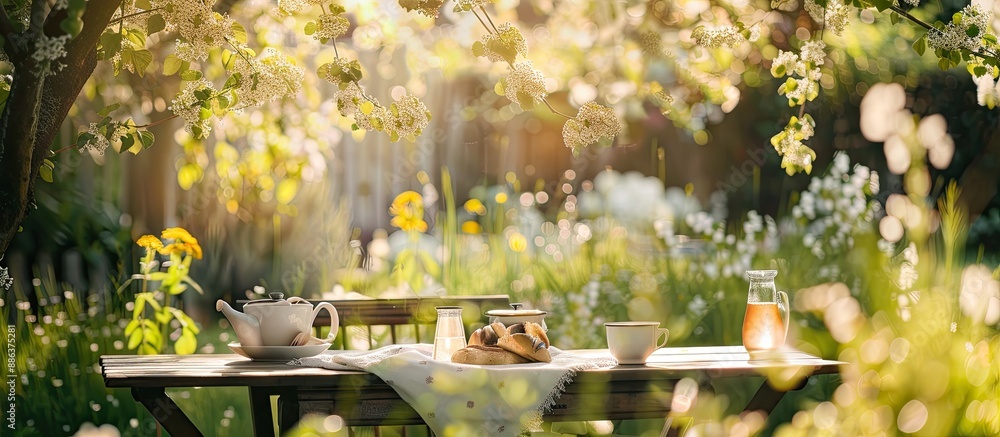 Poster minimalistic brunch scene in a garden with blooming spurge flowers perfect as a backdrop for any des