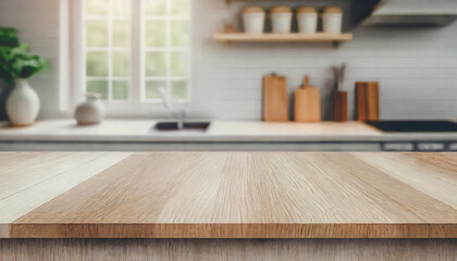 Fototapeta premium Wood table top on blur kitchen counter (room)background.