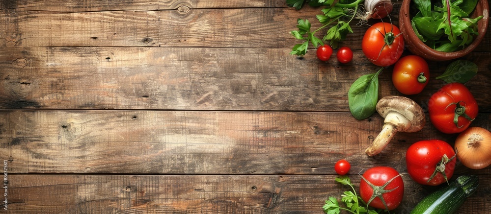 Poster a rustic setting with fresh vegetables on weathered wood surface providing a perfect copy space imag