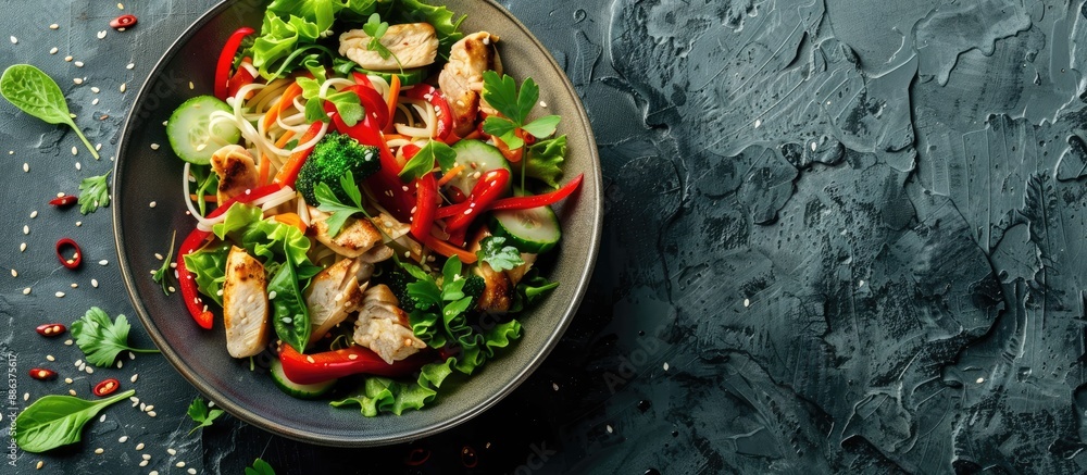 Poster A salad with Chinese noodles chicken peppers and cucumber displayed on a textured stone background with empty space for more elements in the image. copy space available