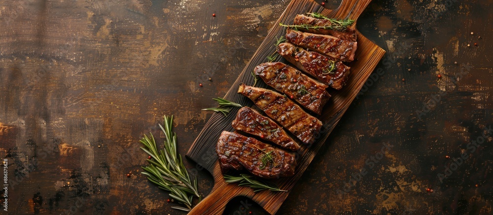 Poster top down view of a wooden board showcasing a spiced and herbed grilled beef steak ideal for a copy s