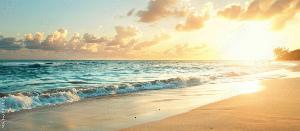 Poster Coastline at sunset with a view of the ocean and a sandy beach with a copy space image