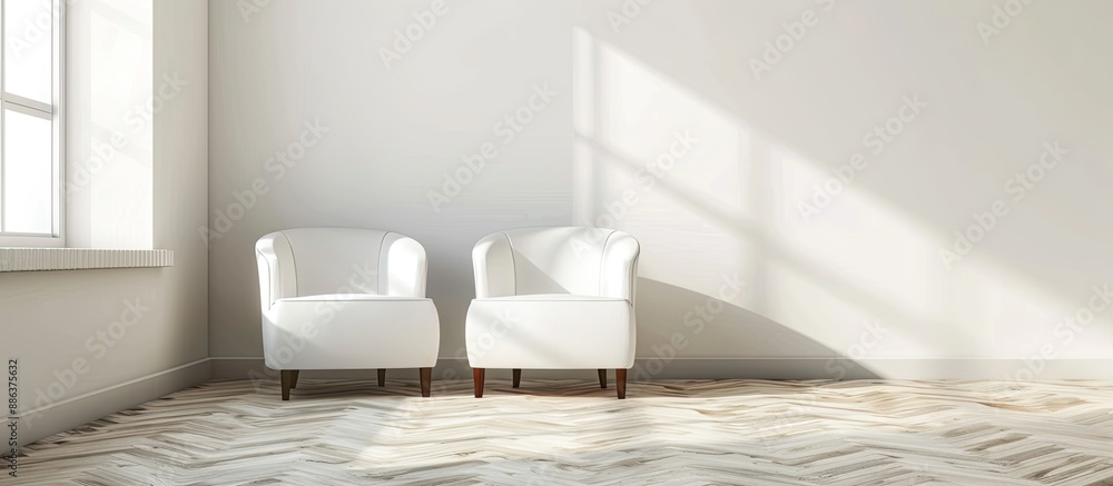 Poster modern apartment design featuring two armchairs with copy space image unoccupied
