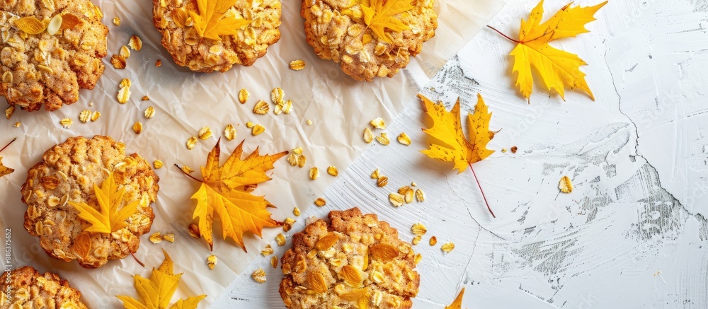 Poster Autumn themed oat cookies on a light background with parchment decorated with yellow leaves creating an enticing fall themed copy space image