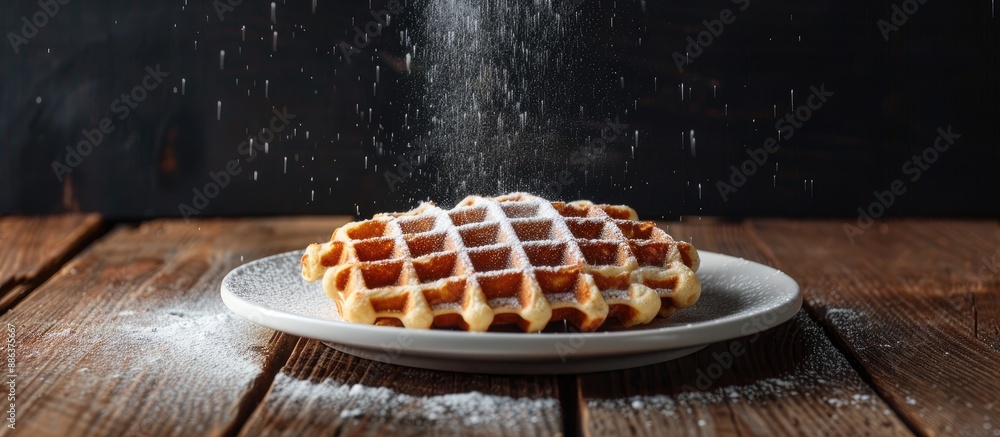 Poster belgian waffles on a white plate sprinkled with powdered sugar on a black background presented in a 