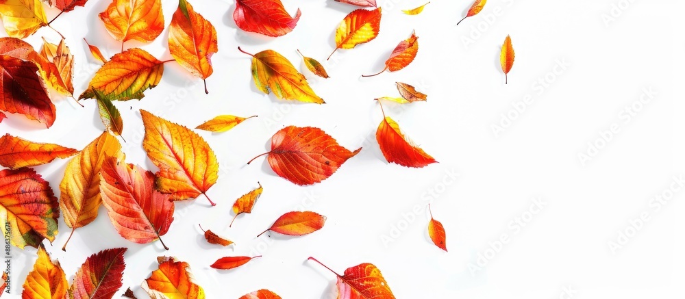 Poster top view of multicolored autumn leaves isolated on a white background with a falling orange leaf and