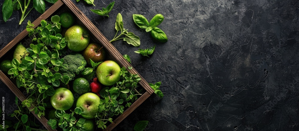 Poster Organic produce arranged in a wooden crate on a dark backdrop seen from above with ample space for text or images