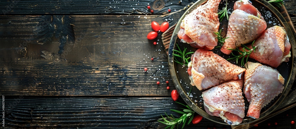 Poster Raw chicken thighs and legs displayed on a rustic table with a copyspace image perfect for a healthy meal or a food snack with a top view perspective