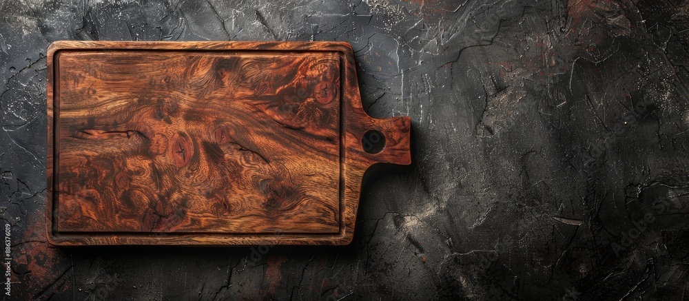 Aufkleber Top view of a wooden texture chopping cutting board on a dark stone background with copy space image