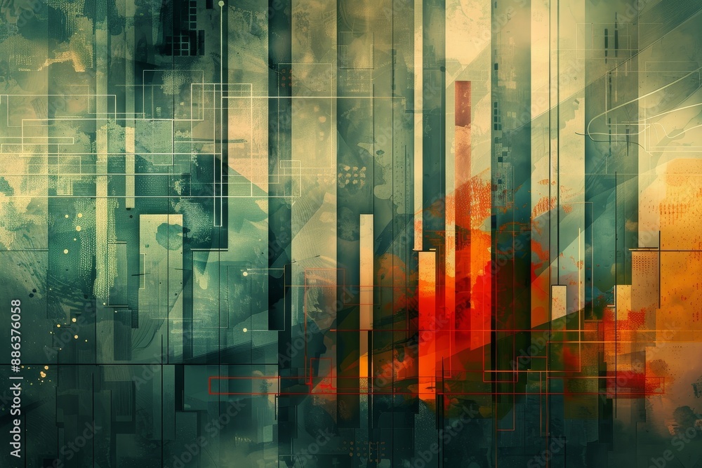 Poster colorful abstract painting representing a cityscape with geometric shapes and vibrant hues, design a