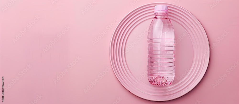 Poster unhealthy consumption concept illustrated with a plastic bottle placed on a plate against a pink bac