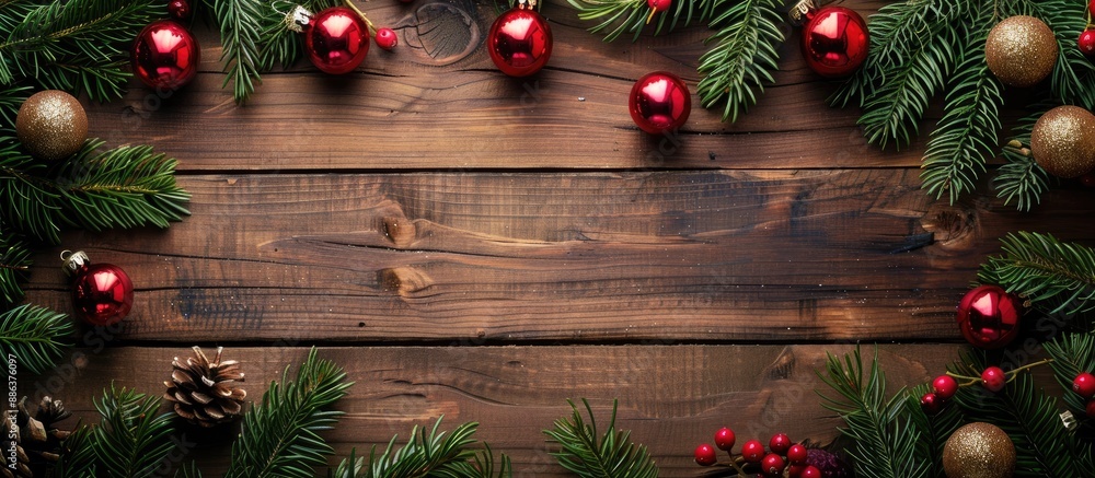 Poster natural light wooden plank background adorned with fir and christmas baubles providing a serene sett