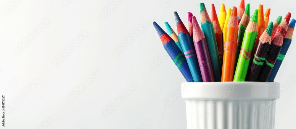 Aufkleber classroom desktop with a cup of colorful crayons featuring a spacious white copy space image