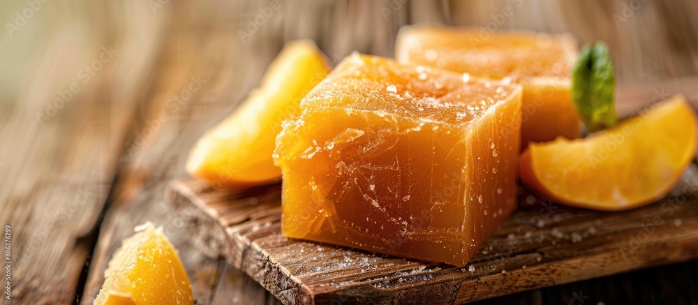 Poster close up of delicious quince paste on a wooden surface with ample copy space image