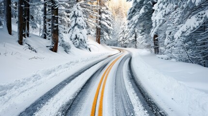 A winding mountain road curving through a snow-covered forest with sunlight highlighting the snowy trees, showing a beautiful and calm winter wonderland perfect for stock image.